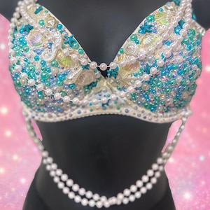 Custom Mermaid Siren Bra Commission | Pearls, Shells, Rhinestones & Ocean Fantasy Wear | Handcrafted