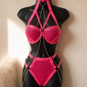 Hot Pink Mesh and Neon Statement Set Embellished Performance Wear | Rave Festival Fit | OOAK Upcycled | Size Large