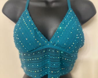 Teal cami top with Rhinestones