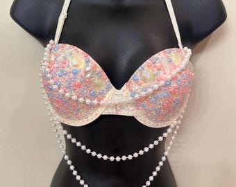 Hand-Stoned Mermaid Bra 34B: Rhinestones, Pearls, Faux Shells – Unique Costume Piece