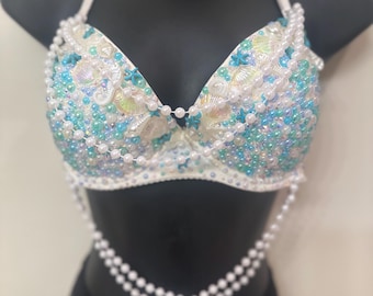 Hand-Stoned Mermaid Bra 36C: Rhinestones, Pearls, Faux Shells – Unique Costume Piece