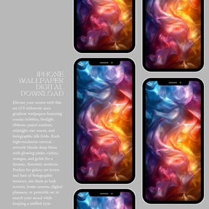 Pode incluir: Download de papel de parede digital para iPhone com cinco designs gradientes iridescentes. A arte mistura azuis, rosas, violetas, laranjas e dourados. Para ecrãs de bloqueio e agendas digitais.