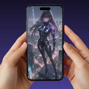 Cyberpunk Anime Girl iPhone-bakgrund (5 bilder) | Neon Sci Fi-låsskärm (digital nedladdning)
