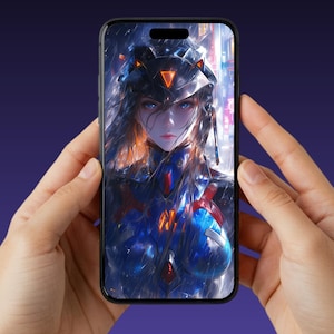 Cyberpunk Anime Girl iPhone-bakgrundsbild (5 bilder) | Neon Sci Fi-låsskärm (digital nedladdning)