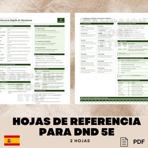 Puede incluir: Dos hojas de referencia blancas para Dungeons and Dragons 5E, con texto verde y negro. La hoja superior se titula "Referencia Rápida de Mecánicas". El texto "HOJAS DE REFERENCIA PARA DND 5E" está en la parte inferior con una bandera española y un icono PDF.
