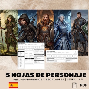 Puede incluir: Ilustración digital con cinco personajes de fantasía, cada uno en una pose diferente, con hojas de personaje debajo. Los personajes incluyen un guerrero, un pícaro, un enano, un elfo y un caballero. El texto en la parte inferior dice "5 HOJAS DE PERSONAJE PRECONFIGURADOS Y ESCALABLES | LEVEL 1 A 5".