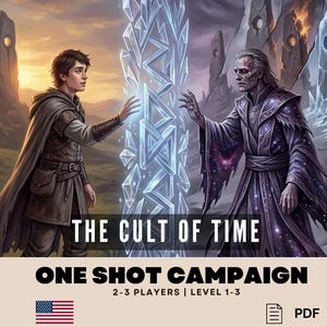 Puede incluir: Ilustración digital de fantasía con dos figuras enfrentadas cerca de una estructura cristalina brillante. Se muestra el texto "THE CULT OF TIME" y "ONE SHOT CAMPAIGN". También están presentes la bandera estadounidense y un icono PDF.