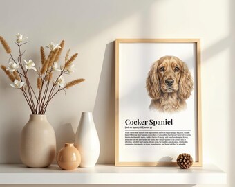 May include: A framed wall art print featuring a detailed illustration of a golden Cocker Spaniel dog with a dictionary-style definition below the image. The text includes the breed name, phonetic spelling, and a descriptive paragraph about the dog.