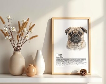 May include: A framed wall art print featuring a detailed illustration of a pug dog head with the text "Pug [Puhg] noun" followed by a descriptive paragraph about the breed's personality and traits, presented in a light-coloured wooden frame.