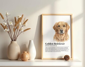 May include: A framed wall art print featuring a realistic illustration of a Golden Retriever dog with the text Golden Retriever and a dictionary-style definition below the image. The print is displayed in a light wood frame on a white shelf.