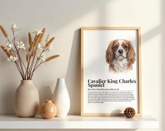 May include: A framed wall art print featuring a portrait of a Cavalier King Charles Spaniel with descriptive text below the image. The print includes the breed name, phonetic spelling, and a paragraph of text describing the dog breed characteristics.