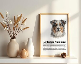 May include: A framed wall art print featuring a portrait of an Australian Shepherd dog with the text "Australian Shepherd" and a dictionary-style definition below the image, displayed in a light wood frame with a white background.