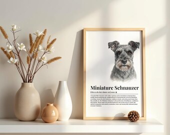 May include: A framed wall art print featuring a detailed illustration of a Miniature Schnauzer dog with grey fur, accompanied by the text Miniature Schnauzer and a descriptive paragraph about the breed's personality and characteristics.