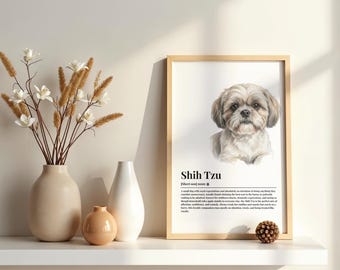 May include: A framed wall art print featuring a realistic illustration of a Shih Tzu dog with a dictionary-style definition below the image. The text includes the breed name Shih Tzu and a descriptive paragraph about the dog's personality traits.