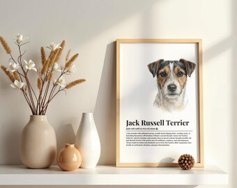 May include: A framed wall art print featuring a realistic illustration of a Jack Russell Terrier dog head, with the text "Jack Russell Terrier" and a dictionary-style definition printed below the image in a clean, black sans-serif font.
