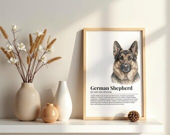 May include: A framed wall art print featuring a realistic illustration of a German Shepherd dog head, with the text "German Shepherd" and a dictionary-style definition printed below the image on a white background within a light wood frame.