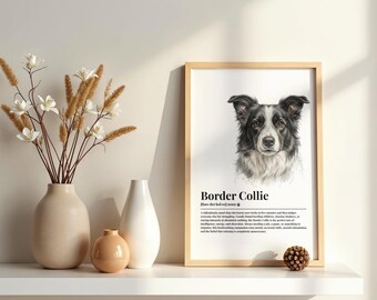 May include: A framed wall art print featuring a black and white illustration of a Border Collie dog with the text 'Border Collie' and a dictionary-style definition below the image, displayed alongside two ceramic vases and a small decorative sphere.