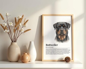May include: A framed wall art print featuring a detailed illustration of a Rottweiler dog head, with the text "Rottweiler" and a dictionary-style definition printed below the image, displayed in a light wood frame on a white shelf.