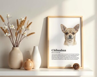 May include: A framed wall art print featuring a realistic illustration of a tan Chihuahua dog head, with the text "Chihuahua" and a dictionary-style definition printed below the image, displayed in a light-coloured wooden frame on a shelf.