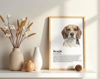 May include: A framed wall art print featuring a watercolour illustration of a beagle dog head with the text "Beagle" and a dictionary-style definition below it. The print is displayed in a light wood frame on a shelf next to three vases.