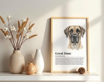 May include: A framed wall art print featuring a portrait of a Great Dane dog with a descriptive dictionary-style definition below the image. The print is displayed in a light wood frame, accompanied by three ceramic vases and a small pinecone.