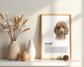 May include: A framed wall art print featuring a realistic illustration of a brown poodle dog above a dictionary-style definition of the word Poodle. The text describes the breed's personality traits, including intelligence, energy, and affection.