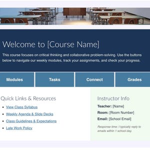 Könnte beinhalten: Eine digitale Oberfläche für einen Online-Kurs, mit einem dunkelblauen Banner mit der Aufschrift "Welcome to [Course Name]" und Navigationsschaltflächen. Die Oberfläche enthält Links zu Kursressourcen und Kontaktinformationen des Lehrers.