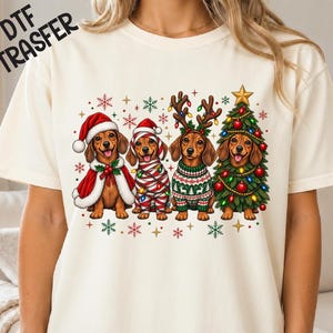 Peut inclure: Un t-shirt couleur crème avec un motif représentant quatre teckels habillés pour les fêtes. L'un porte un bonnet et une cape de Père Noël, un autre est entouré de guirlandes, un troisième porte un pull à motifs avec des bois de renne et un sapin.