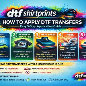 Może przedstawiać: Niebieska grafika instruktażowa zatytułowana DTF SHIRT PRINTS HOW TO APPLY DTF TRANSFERS z 5-stopniowym przewodnikiem zawierającym ilustracje prasy termicznej, koszulki i dłoni odklejającej transfer. Zawiera instrukcje dla żelazka i wskaz&oacute;wki pielęgnacyjne.