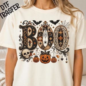 Faux Patchwork Boo DTF, Pumpkin Skull Bat Spider Web Design, Ready to Press Halloween Transfer