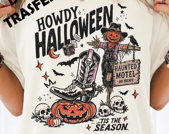 Howdy Halloween DTF Transfer, Pumpkin Scarecrow Cowboy Boot Print (Ready to Press)