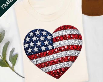 Faux Rhinestone USA Flag Heart DTF Transfer, Jeweled Patriotic Iron on Press
