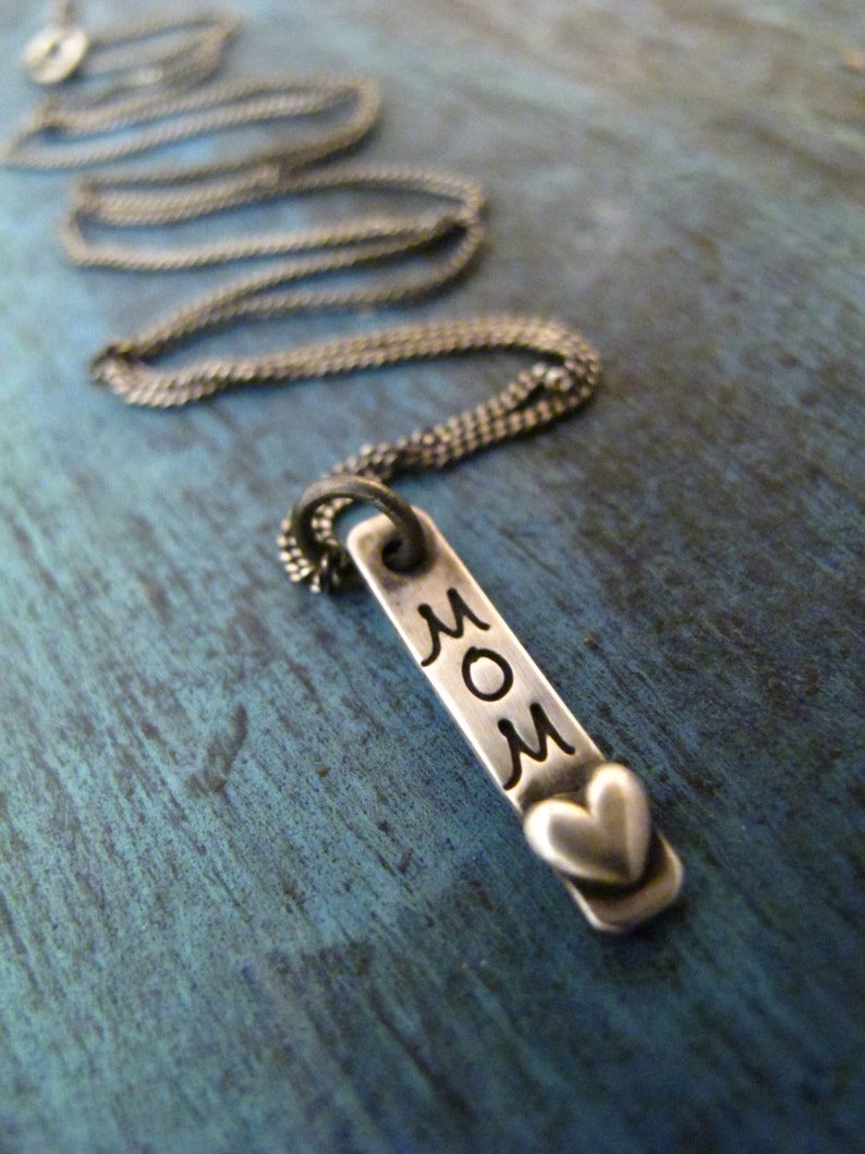 Sterling Silver Bar Pendant, Mother's Day Gift for Grandma/Mom/Nana, Mommy Necklace, Grandma Necklace, Hand stamped Heart Necklace image 2