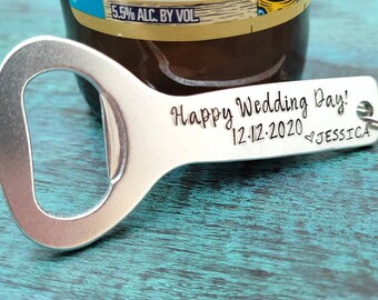 Happy Wedding Day, Present for Groom or Bride, Personalized Beer Bottle Opener, Gift from Bride to Groom, Custom Wedding Gift, Same Sex