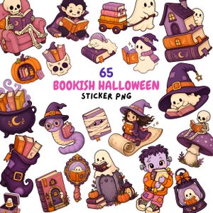 Puede incluir: Una colección de 65 pegatinas digitales con ilustraciones de Halloween de fantasmas, esqueletos, brujas y monstruos leyendo libros. El conjunto incluye motivos morados y naranjas, calabazas, calderos y el texto 65 BOOKISH HALLOWEEN STICKER PNG.