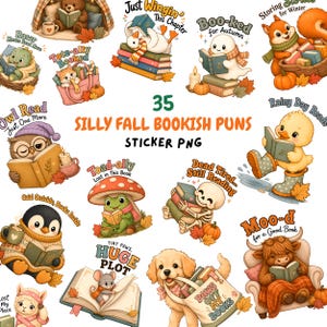 Puede incluir: Una colección de 35 pegatinas digitales con animales y personajes adorables leyendo libros con juegos de palabras otoñales. Las ilustraciones incluyen un oso, un ganso, un fantasma, una ardilla, un búho, una rana, un esqueleto, un pingüino y más.