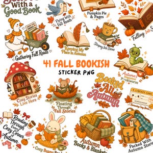 Op de afbeelding: Een verzameling van 41 herfst-thema digitale stickers met illustraties van boeken, pompoenen, herfstbladeren en dieren zoals een gans, muis, konijn en worm, met tekst zoals Gathering Fall Reads en Booked All Autumn.