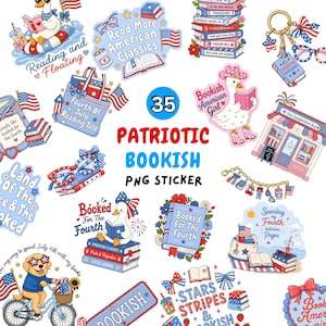 Może przedstawiać: Kolekcja 35 patriotycznych naklejek o tematyce książkowej z ilustracjami kaczek, psów, książek, amerykańskich flag, toreb do czytania i okularów w kolorach czerwonym, białym i niebieskim. Projekty zawierają teksty takie jak Reading and Floating, Booked for the Fourth oraz Stars Stripes and Bookish, ułożone w cyfrowy zestaw graficzny.