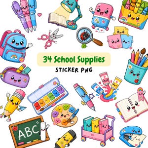 May include: A collection of 34 kawaii-style school supply stickers featuring anthropomorphic items like a blue backpack, pens, a pencil case, a watercolor set, a chalkboard with ABC text, books on a cart, a stapler, and a magnifying glass.