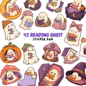 May include: A collection of 42 digital stickers featuring cute white ghosts reading books in various settings, including a crescent moon, a pumpkin, a cauldron, a mushroom house, and a coffin, with the text 42 READING GHOST STICKER PNG.