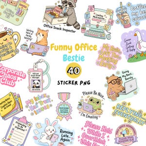 Könnte beinhalten: Eine Sammlung von 40 farbenfrohen Aufklebern zum Thema Büro mit niedlichen Tieren und humorvollen Texten wie Office Snack Inspector, Corporate Chaos Club, My Inbox Has Trust Issues und Replying Eventually für digitale Zwecke.