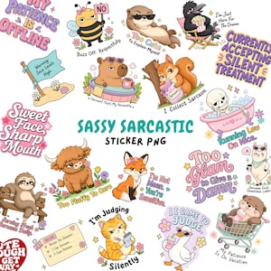 Puede incluir: Una colección de pegatinas de dibujos animados coloridos con animales y texto. Los personajes incluyen una abeja, nutria, cuervo, capibara, ardilla, esqueleto, vaca de las tierras altas, zorro, perezoso, gato y pato. Frases incluyen My Patience Is Offline.