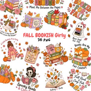 May include: A collection of 36 digital illustrations featuring autumn-themed bookish designs, including stacks of books, a goose, a ghost, a skeleton, a fox, and a person reading, accompanied by text like Booked for Fall and Fall Bookish Girly.
