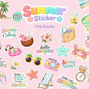 60 Summer PNG Sticker Bundle, Summer Quotes, Beach Vibes Stickers, Tropical Vacation Clipart, Digital Planner Stickers, Sublimation Design