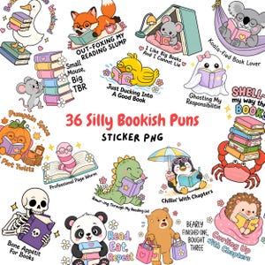 Paquete de imágenes PNG con juegos de palabras literarios, citas divertidas sobre la lectura, animales adorables amantes de los libros, pegatinas literarias, imágenes prediseñadas de ratones de biblioteca, diseños para sublimación.