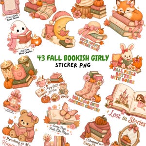 Può includere: Una collezione di 43 adesivi a tema autunnale con illustrazioni di libri, zucche, orsacchiotti, una volpe, un coniglio, un fantasma, una luna, candele e fiori con il testo 43 FALL BOOKISH GIRLY STICKER PNG e varie frasi.
