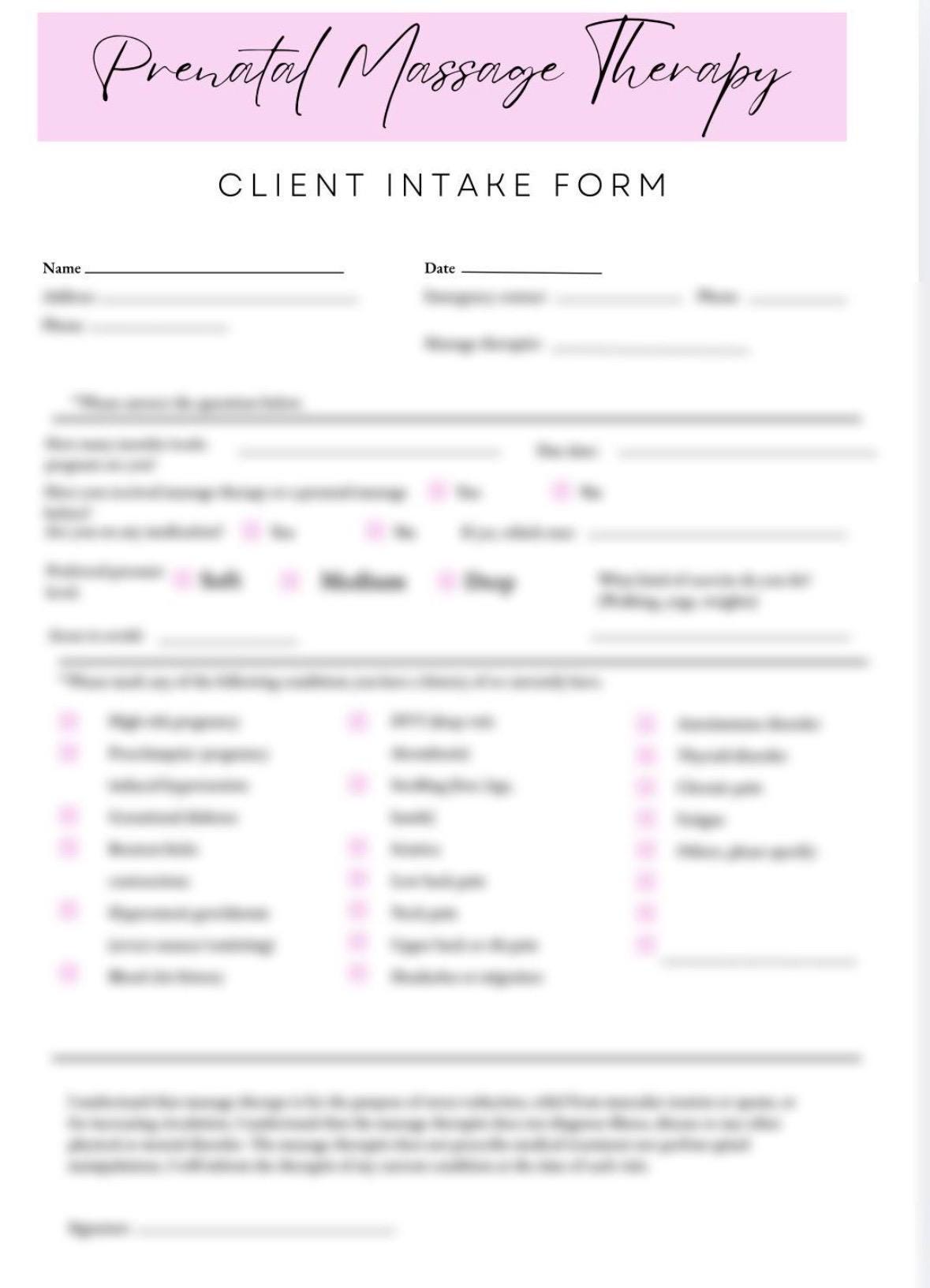 Prenatal Massage Intake Form | Professional Spa Client PDF (instant ...