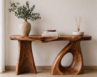 Nowoczesny, rustykalny stolik konsolowy z drewna tekowego – ekologiczny, nowoczesny salon