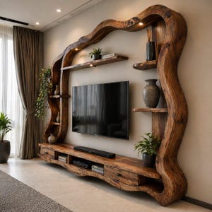 Ręcznie wykonany rustykalny stojak pod telewizor z drewna tekowego w nowoczesnym, organicznym stylu