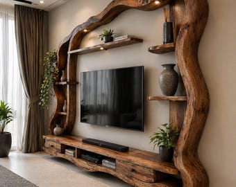 Mueble para TV rústico de madera de teca hecho a mano con diseño orgánico moderno.